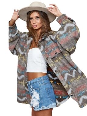 BiBi Aztec Print Fuzzy Knit Shacket